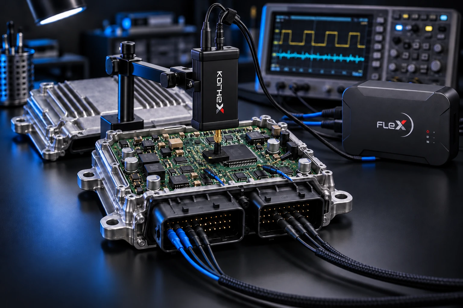 Korhex på holder over en åpen ECU, med Flex og oscilloskop